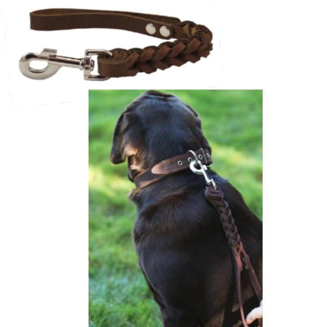 Braided Leather Short Dog Leash Brown